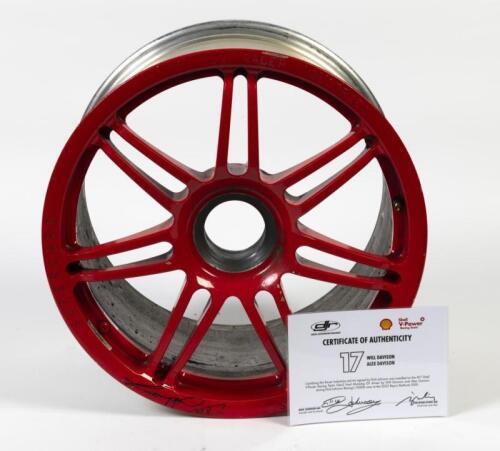 DJR: A RACER INDUSTRIES TEAM DYNAMICS SUPERCARS red racing wheel from Dick Johnson Racing's 1000th Race at 2022 Bathurst 1000. Dick Johnson signatures. CoA
