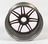 DJR: A RACER INDUSTRIES TEAM DYNAMICS SUPERCARS red racing wheel from Dick Johnson Racing's 1000th Race at 2022 Bathurst 1000. Dick Johnson signatures. CoA - 2