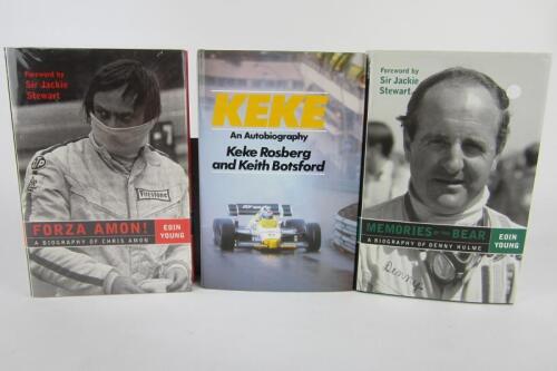 FORMULA 1: Three autobiography/biography hardcover books, covering drivers Amon, Hulme, Rosberg. Eoin Young signature