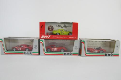 BEST/MODEL BOX: Four 1:43 scale Best/Box models. AC, Alfa Romeo, Ferrari models