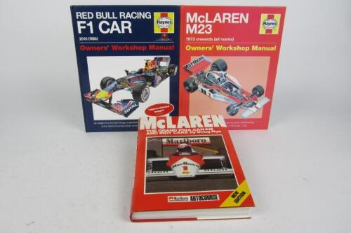 FORMULA 1: Three hardcover books detailing Formula 1 race cars. Horner, Newey, Vettel, Webber signatures.