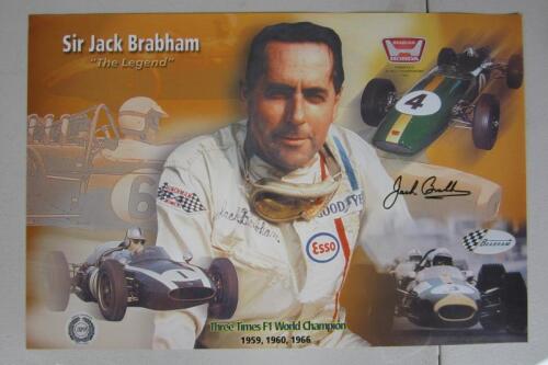 BRABHAM: A poster of Sir Jack Brabham depicting his World Championships. Jack Brabham signature