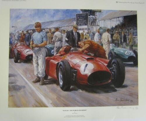 FANGIO: Print depicting Fangio at 1956 British Grand Prix, Silverstone. L.E 439/500. Signed by artist Alan Fearnley