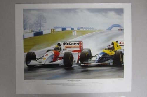 SENNA: A Robert Tomlin print depicting Ayrton Senna at the 1993 European Grand Prix, Donington U.K. Numbered 554/750. Tomlin, Wheatcroft, Watkins signatures