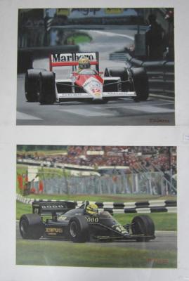 SENNA: Two oil paintings by P.Alavrez of Ayrton Senna driving a McLaren Honda and a Lotus-Renault