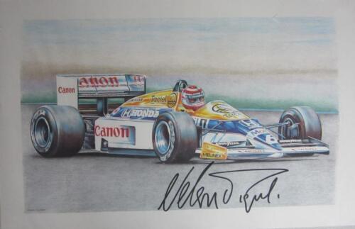 PIQUET: A print by M.Palumbo of Nelson Piquet driving a Williams Renault. Signed by Nelson Piquet
