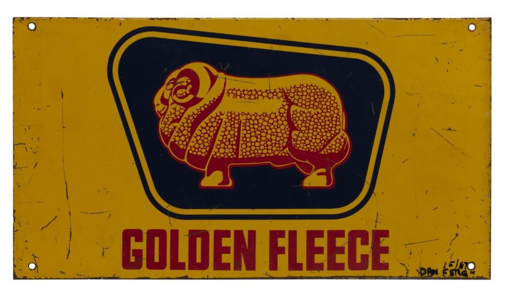 affix Wijzerplaat Misschien GOLDEN FLEECE: A 'Golden Fleece' oil bottle rack tin sign, (28cm high x  51cm wide) - Price Estimate: $300 - $500