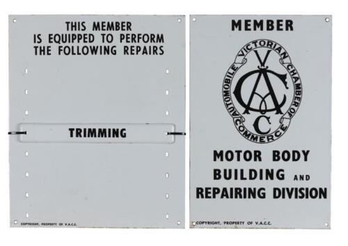 V.A.C.C: Two enameled signs endorsing motor body building and repairs division, with nomination sign. Largest 46cm high&nbsp; x 38cm wide