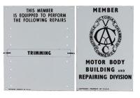V.A.C.C: Two enameled signs endorsing motor body building and repairs division, with nomination sign. Largest 46cm high&nbsp; x 38cm wide