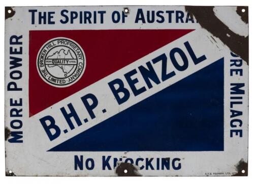 BHP BENZOL: A rare&nbsp;B.H.P Benzol Australian enameled sign, circa 1934-1935, with makers stamp to bottom right 'K.F.B Foundry.LTD., Sydney', (35.5cm high x 51 cm wide)