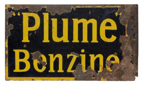PLUME: A double sided 'Plume Benzine' enameled sign, stamped to bottom right 'Vic.ENL Works.Geelong', (33cm high x 57cm wide)