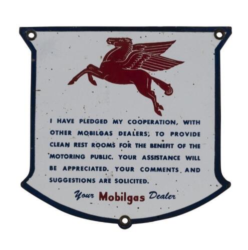 MOBILGAS: A small enameled 'Mobilgas' dealers rest room shield&nbsp;with Pegasus horse, (19.5 cm high x 20.5cm wide)