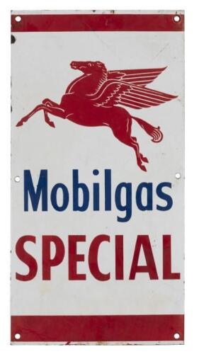 MOBILGAS: A 'Mobilgas SPECIAL' enameled sign with red Pegasus horse, (50 cm high x 26 cm wide)