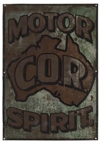 COR AUSTRALIA: A rare and early COR Australia 'Motor Spirit' tin sign, (49.5cm high x 34cm wide)
