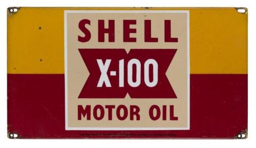 SHELL: A 'Shell X-100 Motor Oil' enameled oil rack sign, stamped '...Property Of The Shell Company Australia Limited', (27cm high x 48.5 cm wide)