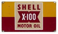 SHELL: A 'Shell X-100 Motor Oil' enameled oil rack sign, stamped '...Property Of The Shell Company Australia Limited', (27cm high x 48.5 cm wide)