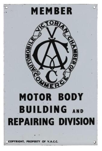 V.A.C.C: A V.A.C.C membership enameled sign for 'Motor Body Building and Repairing Division', 46cm high x 30.5cm wide