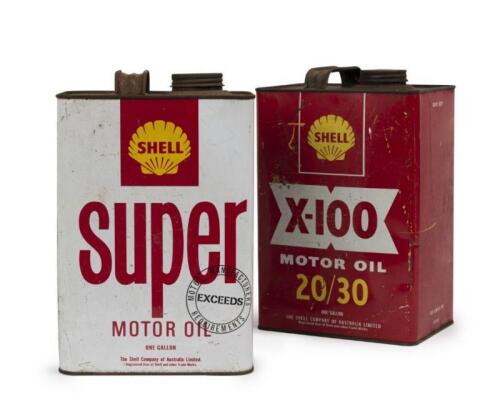 SHELL: Two Shell Australia one gallon oil tins, 'X-100 20/30' and 'Super'.&nbsp;