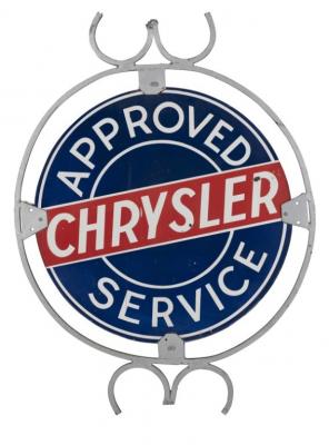 CHRYSLER: A decorative 'Approved Chrysler Service' double sided enameled sign with period surround. Sign 75cm diameter, overall 117cm high x 87.5cm wide