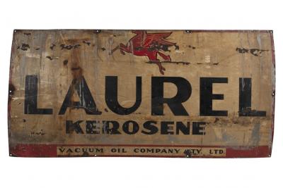 LAUREL: A large Laurel Kerosene "Vacuum Oil Company Pty Ltd" enameled sign, featuring Pegasus horse, (91.5cm high, 182.5cm wide)