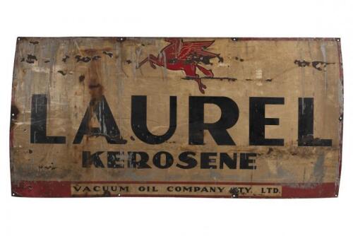 LAUREL: A large Laurel Kerosene&nbsp;"Vacuum Oil Company Pty Ltd" enameled sign, featuring Pegasus horse, (91.5cm high, 182.5cm wide)