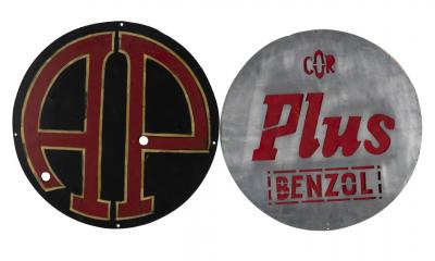 COR: A 'COR Plus Benzol' aluminium stensil; together with hand painted 'AP' sign on masonite, largest 38cm diameter