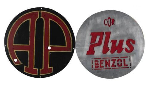 COR: A 'COR Plus Benzol' aluminium stensil; together with hand painted 'AP' sign on masonite, largest 38cm diameter