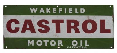 CASTROL WAKEFIELD: A rare and interesting 'Castrol Wakefield' transitional enameled sign, with earlier printed logo visible under updated 'Wakefield Castrol Motor Oil Patented' logo, (30.5cm high x 76cm wide)