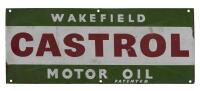 CASTROL WAKEFIELD: A rare and interesting 'Castrol Wakefield' transitional enameled sign, with earlier printed logo visible under updated 'Wakefield Castrol Motor Oil Patented' logo, (30.5cm high x 76cm wide)