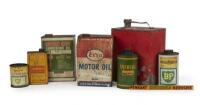 TINS: Seven miscellaneous oil tins including Firezone Oil, Energol, BP, Esso and Southern Corss Lubricating Oil