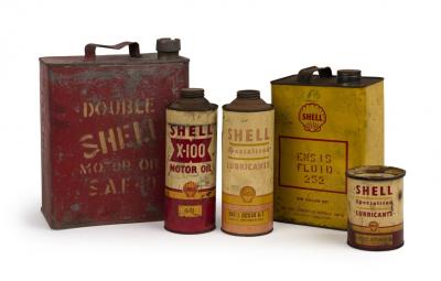 SHELL: Five Shell oils and grease tins including 'X-100 40', 'Shell Retimax Go' and 'Shell Donax A.1'