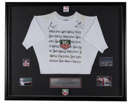 SENNA/BERGER: Framed collection of Ayrton Senna and Gerhard Berger memorabilia. Gerhard Berger signature