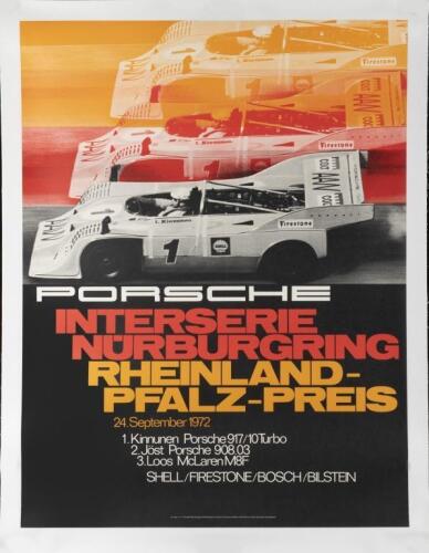 PORSCHE: A superb&nbsp;original October 1972&nbsp;Porsche factory 'PORSCHE INTERSERE NURBURGRING RHEINLAND-PFALZ-PREIS' poster&nbsp;featuring a Porsche 917/10 Turbo, lined backed , 110cm high, 77cm wide