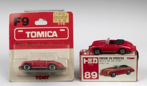 356 SPEEDSTER: Two&nbsp;TOMICA PORSCHE 356 SPEEDSTER models in 1/59 scale. Both red with black interiors. Thin & Wide Wheels