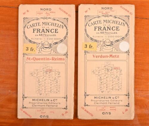 CARTE MICHELIN: Two vintage CARTE MICHELIN DE LA FRANCE fold out maps. No.6 St-Quentin-Reims & No.7 Verdun-Metz