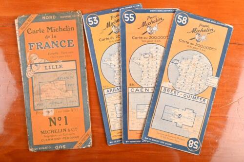 CARTE MICHELIN: Four 1950's vintage CARTE MICHELIN DE LA FRANCE fold out maps. No.1 Lille, No.53 Arras-Mezieres, No.55 Caen-Paris & No.58 Brest-Quimper