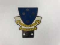 VICTORIA: A 'Victoria The Garden State' metal car badge with Union Jack and banner