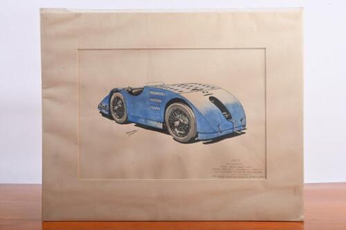 GRAND PRIX: An original and rare pen and ink drawing of a 1923 Bugatti Grand Prix by R. Shepherd. Image size of 36cm wide, 25cm high