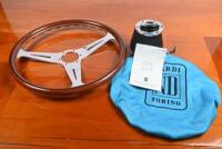 NARDI STEERING WHEEL: A Nardi Torino ND 39 wood steering wheel with polished spokes