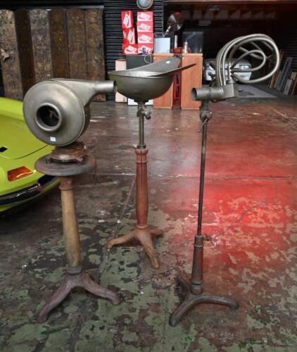 FRENCH HAIR DRYER: A 1930's French cast metal and wood French hair dryer, air stand by D.Simons (Rue La Boetie, PARIS), 'ELECTRIC VENESTA' hair dryer by CH. POINCET (53, Rue Sainte-Anne, PARIS), as invented by Albert POINCET, with stand, together with met