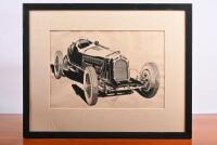 ALFA ROMEO: An original black and white drawing by Bob Shepherd of a 1931 Alfa Romeo MONZA. Picture measures approximately 53.5cm wide, 42.5cm high overall