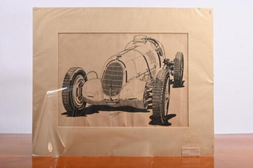 ALFA ROMEO: An original black and white drawing by Bob Shepherd of a 1936 Alfa Romeo 3.8 Litre. Picture measures approximately 50 cm wide, 41cm high overall