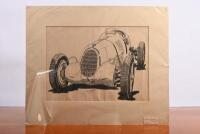 ALFA ROMEO: An original black and white drawing by Bob Shepherd of a 1936 Alfa Romeo 3.8 Litre. Picture measures approximately 50 cm wide, 41cm high overall