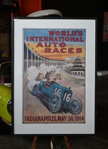 INDIANAPOLIS: A reprinted 1914 Indianapolis 'WORLD'S INTERNATIONAL AUTO RACES' promotional poster