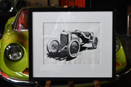 DELAGE: An original black and white drawing by Bob Shepherd of a 1913 Delage Grand Prix. Picture measures 50.5 cm wide, 42.5cm high overall