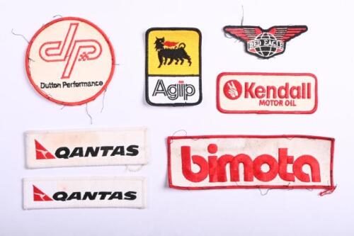 CLOTH BADGES: A collection of cloth badges. 'Agip', 'bimoto', 'Dutton Performance' 'Kendall MOTOR OIL' cloth badges