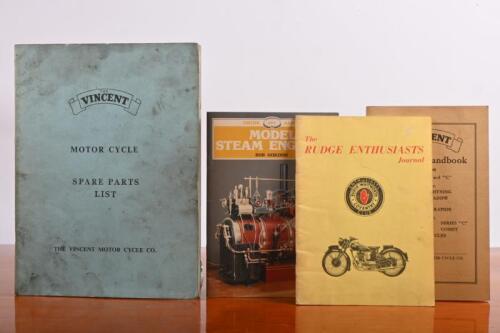 MOTORCYCLES: A collection of publications predominantly concerned with motorcycles. 'THE VINCENT - MOTOR CYCLE SPARE PARTS LIST - THE VINCENT MOTOR CYCLE CO.' & 'Rider's Handbook' for the Series "B" and "C" 998cc, BLACK LIGHTNING, BLACK SHADOW AND STANDA