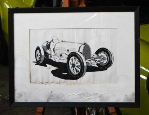 TYPE 54: An original pen and ink drawing of a 1931 Bugatti Type 54 by R. Shepherd. Image size 21.5cm x 36cm