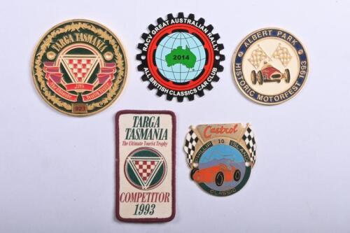 HISTORIC RACING/RALLIES: Five badges associated with historic racing and rallies. 'ALBERT PARK HISTORIC MOTORFEST 1993' brass badge, numbered '099' & 'Castrol PHILLIP ISLAND CLASSIC, 1990' brass badge, numbered '10'