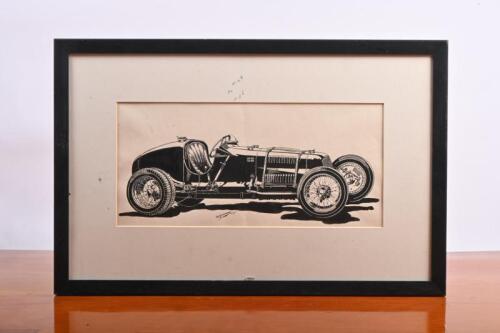 GRAND PRIX: An original and rare pen and ink drawing of a 1935 Frazer-Nash by R. Shepherd. Image size of 36.5cm wide, 17cm high